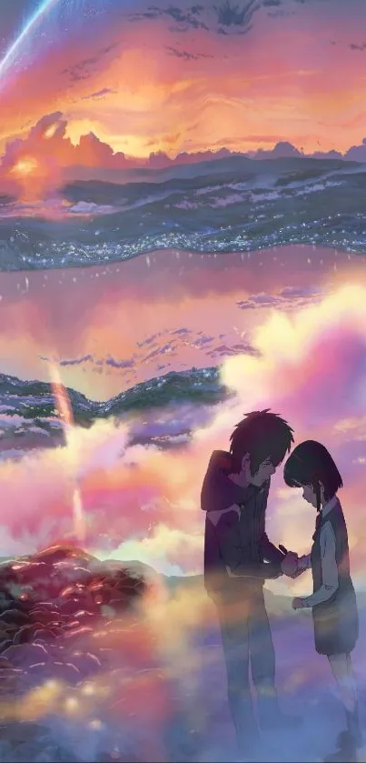 Romantic anime scene with colorful sky and clouds at sunset.