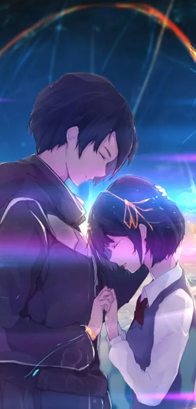 Anime couple with vibrant sky background in a touching embrace.