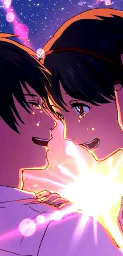 Romantic anime couple under a starry sky.