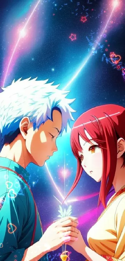 Romantic anime couple under a starry night sky.