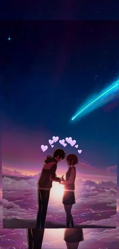 Romantic anime couple under a starlit sky with a shooting star and heart icons.