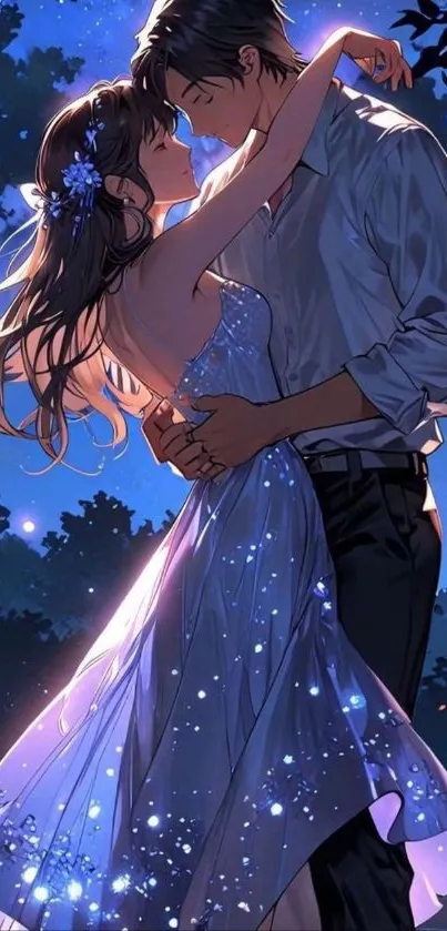 Anime couple embracing under a starry night sky.