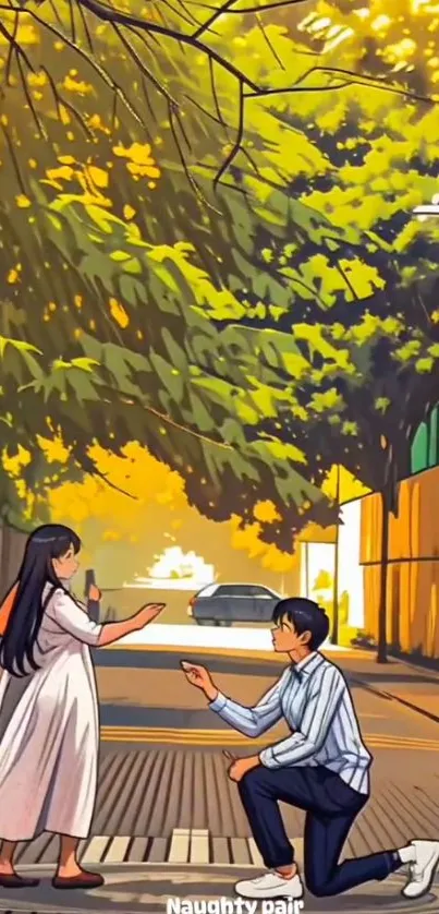 Anime characters in a romantic street scene under glowing trees.