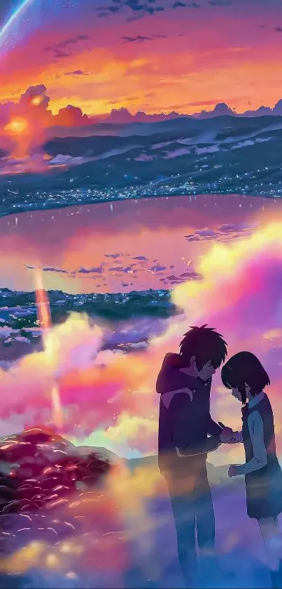 Romantic anime couple at sunset with a colorful sky.
