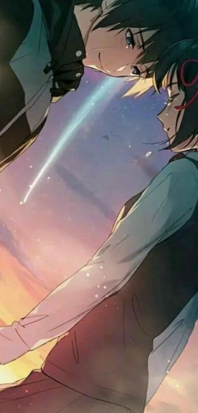 Romantic anime couple under sunset sky.