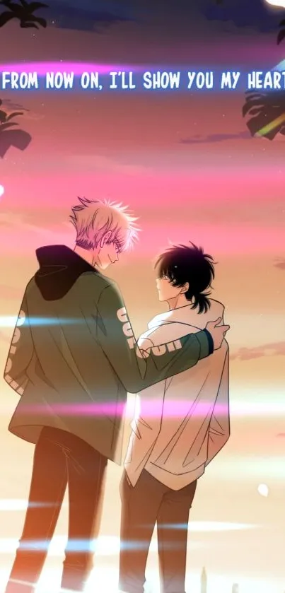 Anime characters embracing under a sunset sky with heartfelt quote.