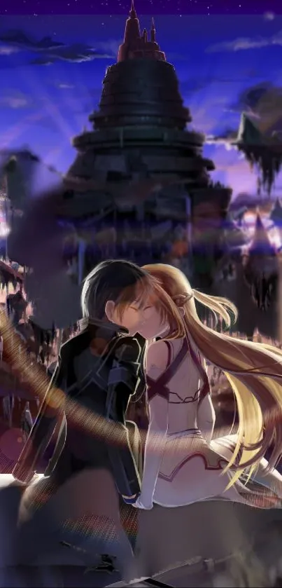 Anime sunset with couple embracing in a fantasy landscape.