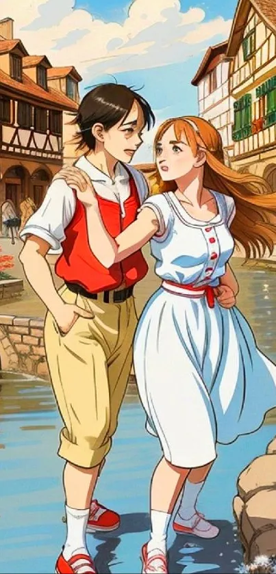 Anime couple strolling in a picturesque village setting.