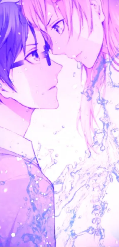 Romantic anime couple with water effects and purple hues.