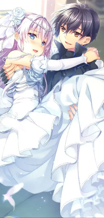 Anime couple in wedding attire with doves in a romantic scene.