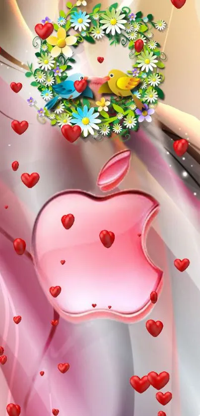 Romantic Apple logo with hearts and floral design wallpaper.