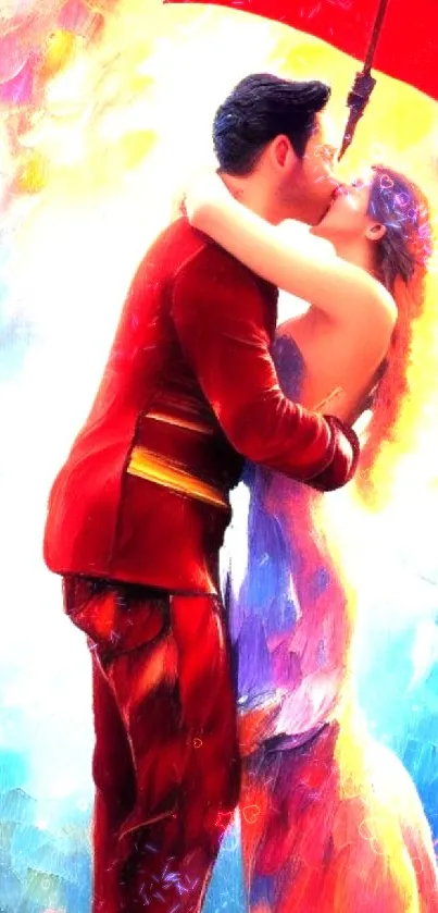 Romantic couple under a red umbrella in colorful abstract art.