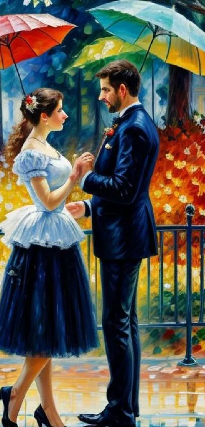 Romantic couple under umbrellas in a colorful park setting.