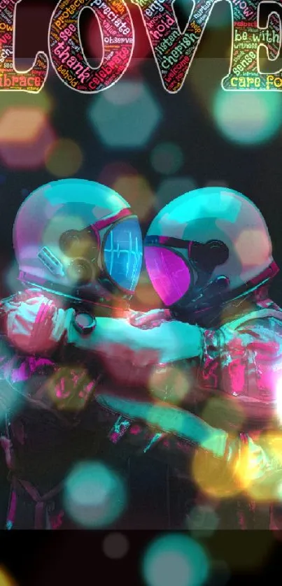 Romantic neon embrace of astronauts beneath 'LOVE' typography.