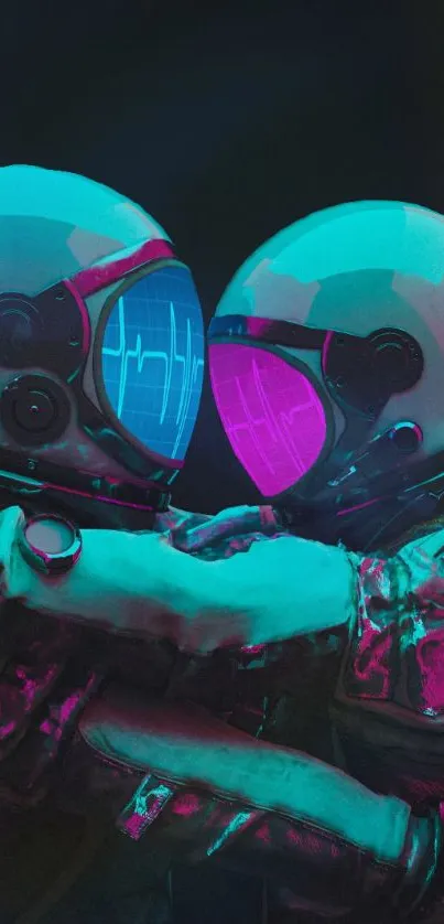 Two astronauts in a neon-lit embrace, conveying futuristic romance.