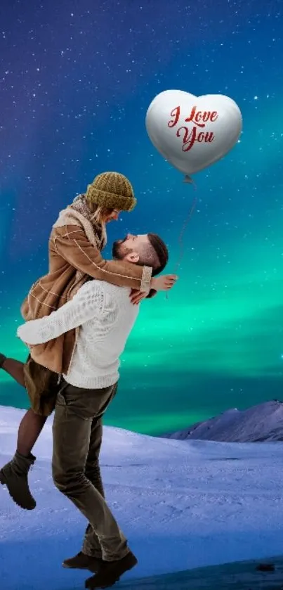 Romantic couple under aurora with heart balloon in a snowy landscape.