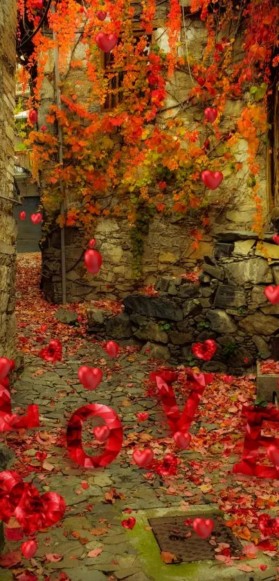 Romantic alley with autumn leaves and hearts.