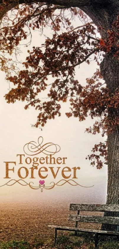 Autumn tree and bench with 'Together Forever' text.