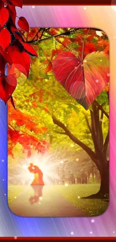 Romantic autumn scene with vibrant colors on mobile wallpaper.