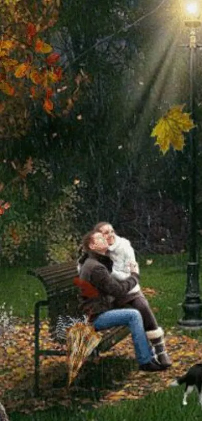 Couple embracing on a park bench under a streetlamp with autumn leaves around.