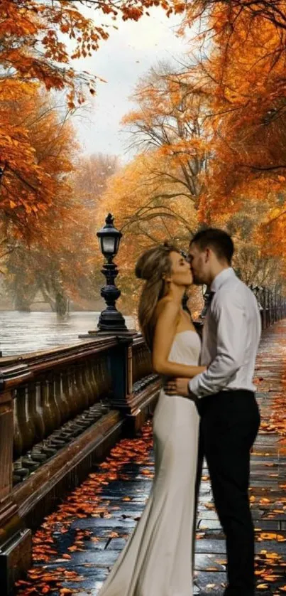 Romantic couple kisses in autumn park