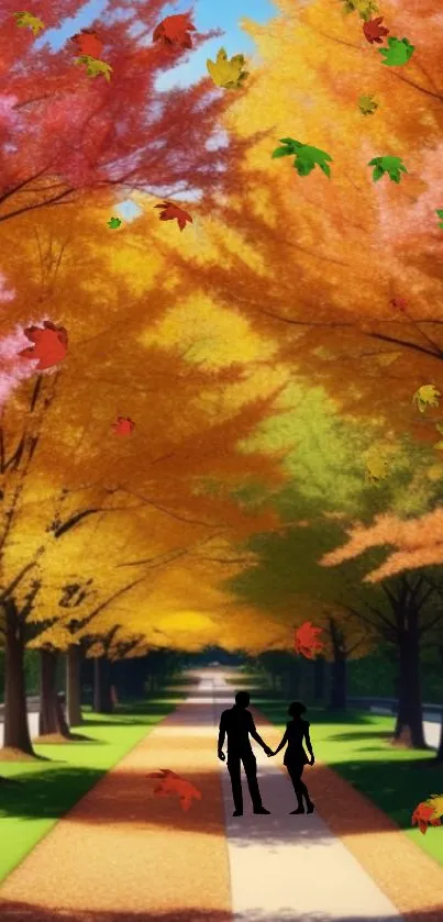 Silhouette couple walking under vibrant autumn trees.