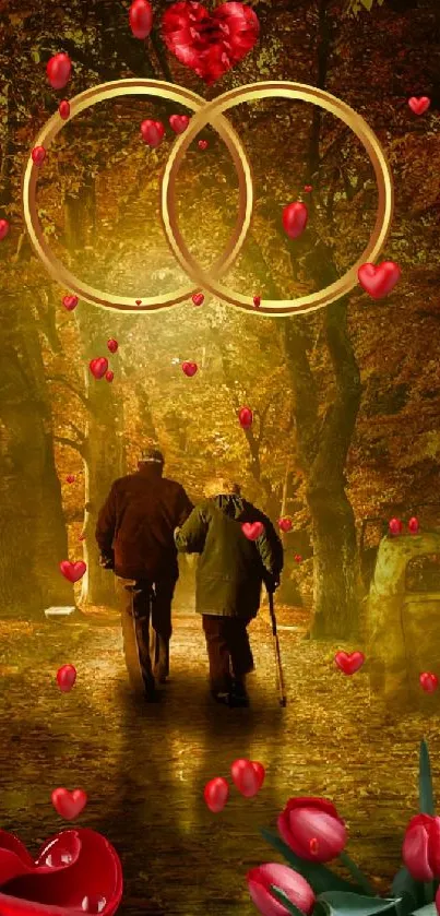 Romantic couple walking in an autumn forest with hearts and rings.