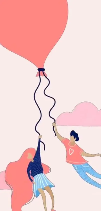 Romantic illustration of a couple flying with a balloon on a pastel background.