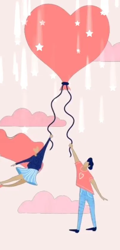 Illustration of a couple flying with a heart-shaped balloon in a pastel sky.