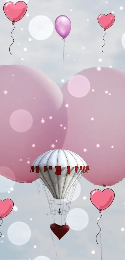 Pink heart balloons and hot air balloon in a whimsical sky.