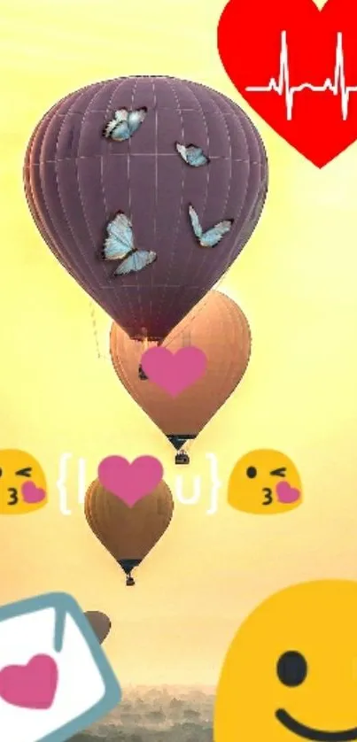 Romantic hot air balloons with emojis and butterflies in a golden sky.