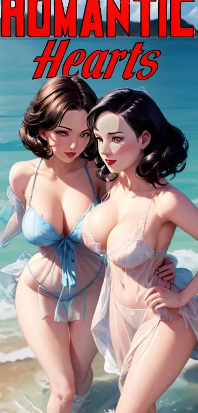 Romantic wallpaper of two women on a beach in artistic style.