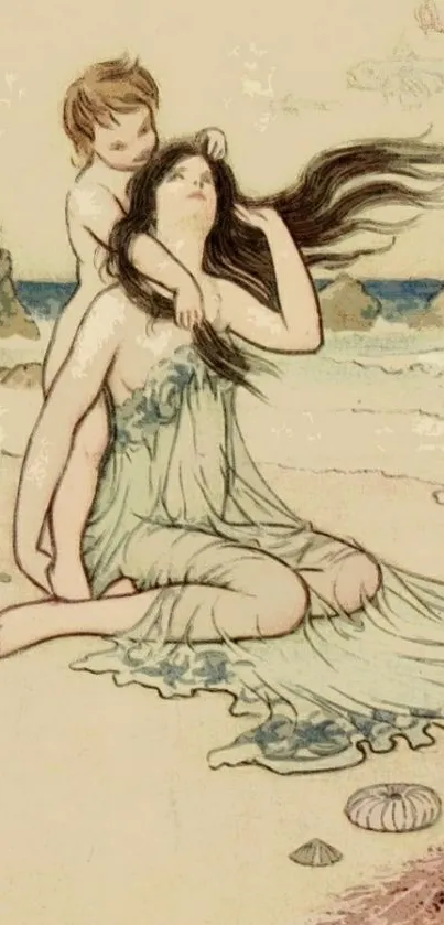 Romantic art depicting a woman and child on a serene beach.