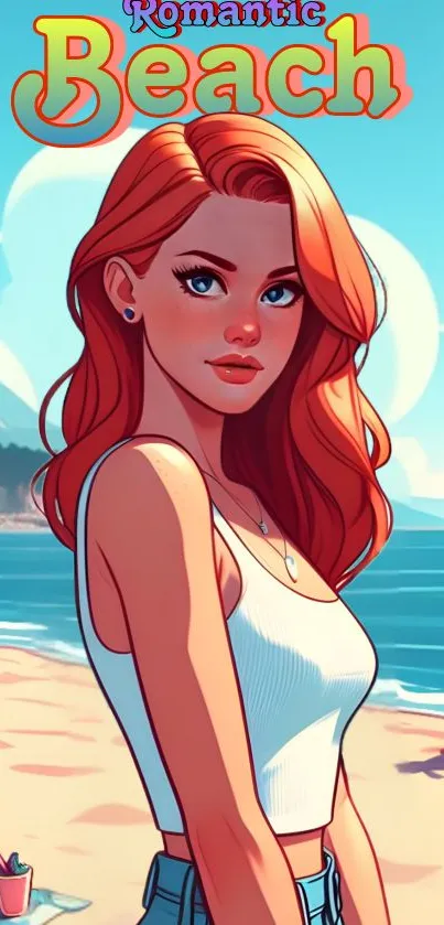 Illustration of a woman on a romantic beach with vibrant colors.