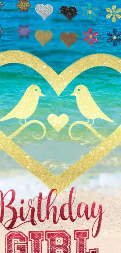 Birthday girl wallpaper with beach, heart, and birds.