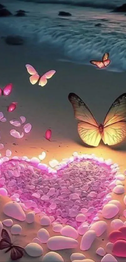 Vibrant heart, butterflies on romantic beach at night.