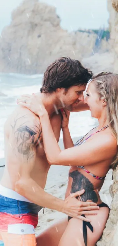 Romantic couple embracing on a beach at sunset.