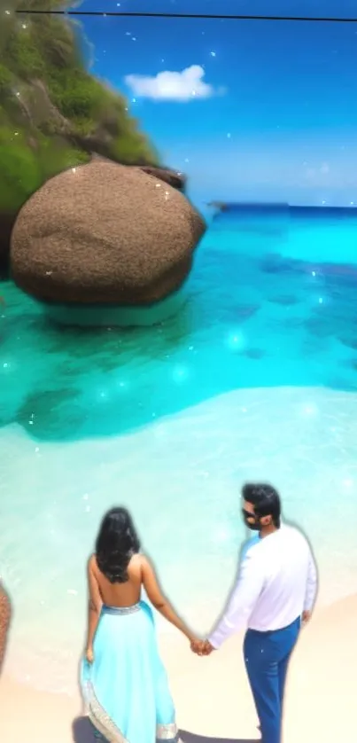 Couple holding hands on a beautiful beach with turquoise waters.