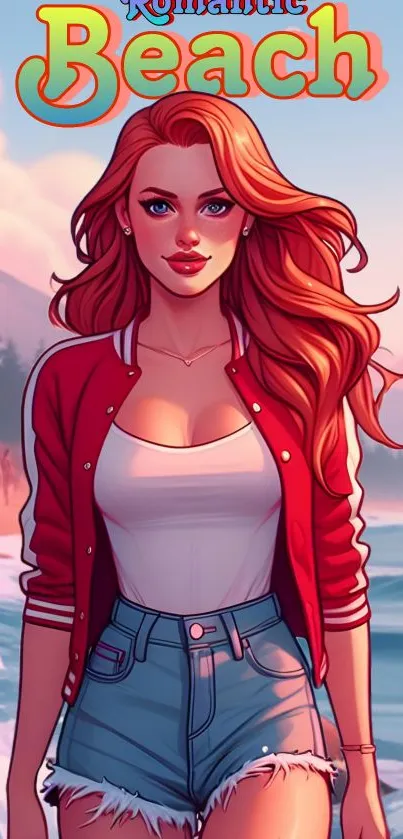 Red-haired girl on a romantic beach, art wallpaper.