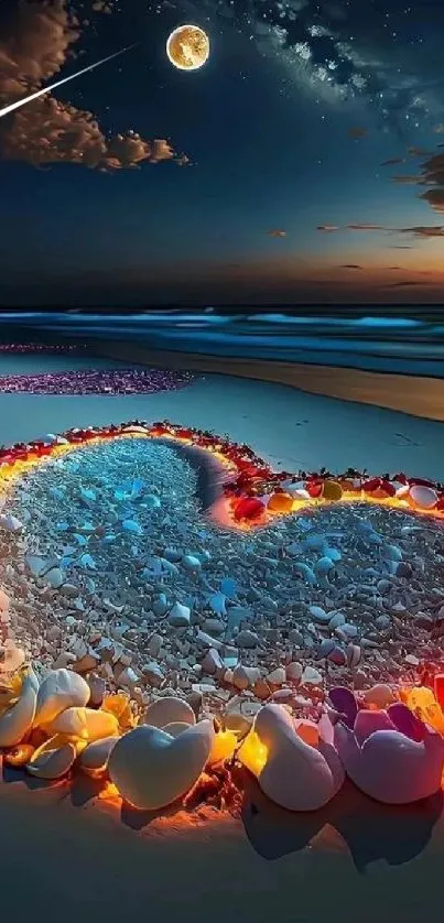 Heart-shaped art on a moonlit beach with glowing lights and shells.