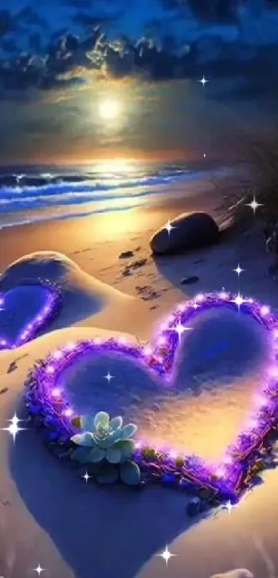 Romantic beach with glowing hearts in the sand under moonlit sky.