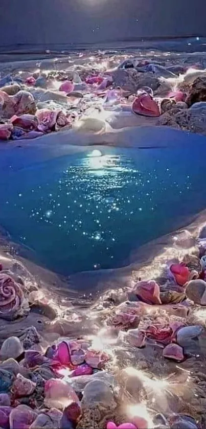 Romantic heart-shaped beach reflection with moonlight and pink shells.