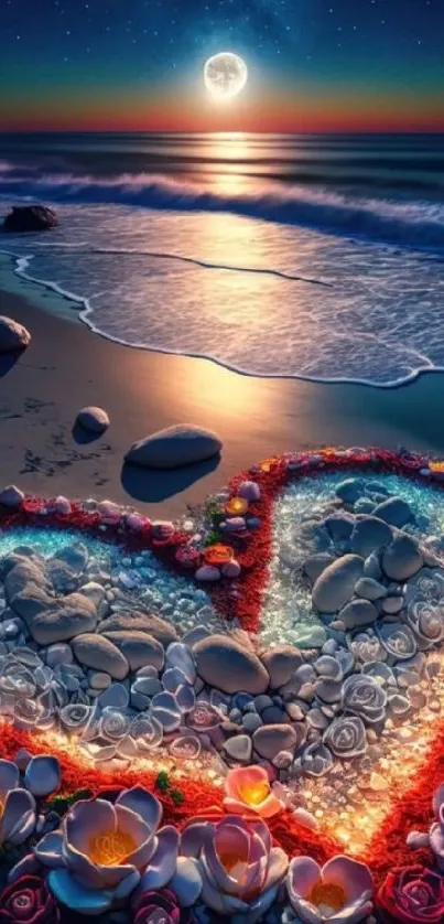 Beach heart made of stones and petals under moonlight.