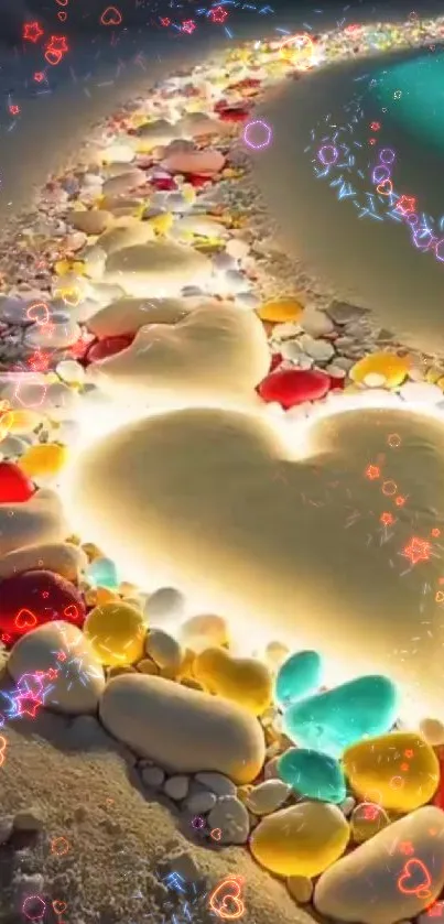 Heart-shaped sand surrounded by colorful, glowing stones on a beach at night.