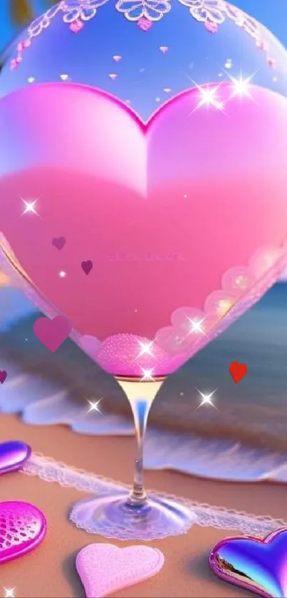 Pink heart balloon on a beach with ocean waves.