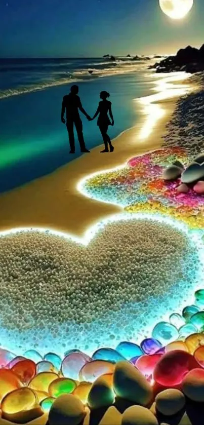 Romantic couple on moonlit beach with glowing heart.