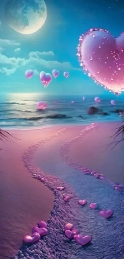 Moonlit beach with glowing pink heart.