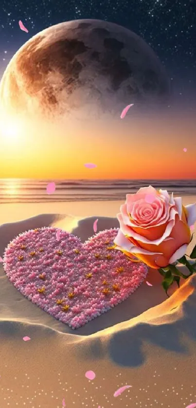 Romantic beachscape with heart and rose under a full moon.