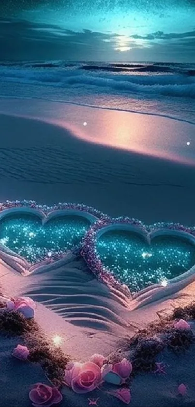 Heart shapes in glowing sand on a beach at night.