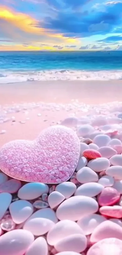 Romantic beach wallpaper with heart-shaped stones on a serene coastline.